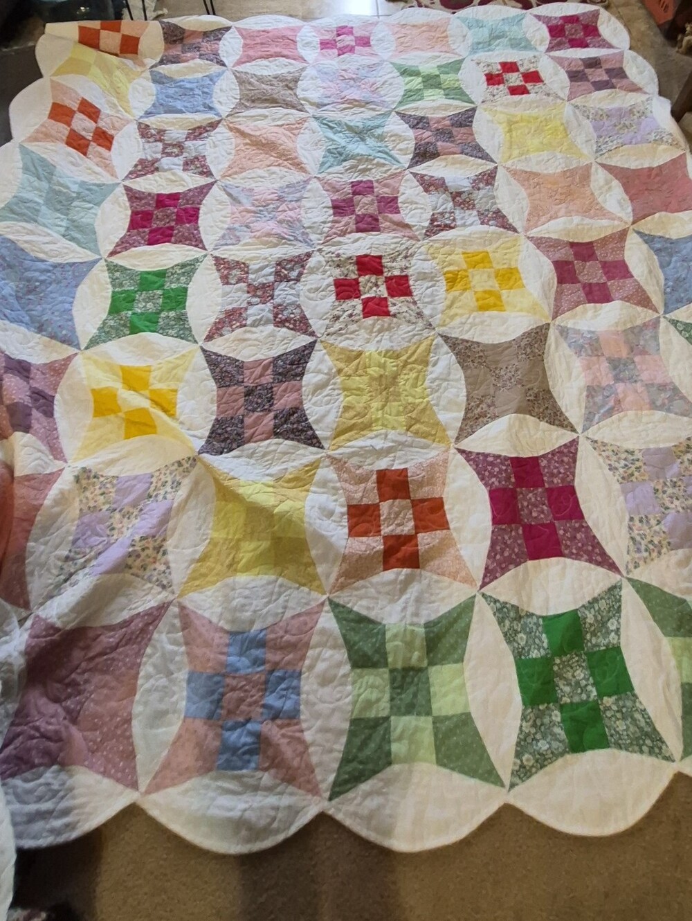 Handmade Glorified Nine Patch Quilt 80x90 Full Queen Scalloped Edge Multicolor